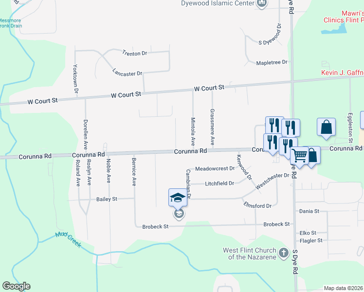 map of restaurants, bars, coffee shops, grocery stores, and more near 6004 Corunna Road in Flint