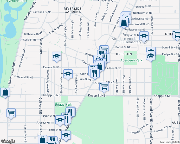 map of restaurants, bars, coffee shops, grocery stores, and more near 509 Kenwood Northeast in Grand Rapids