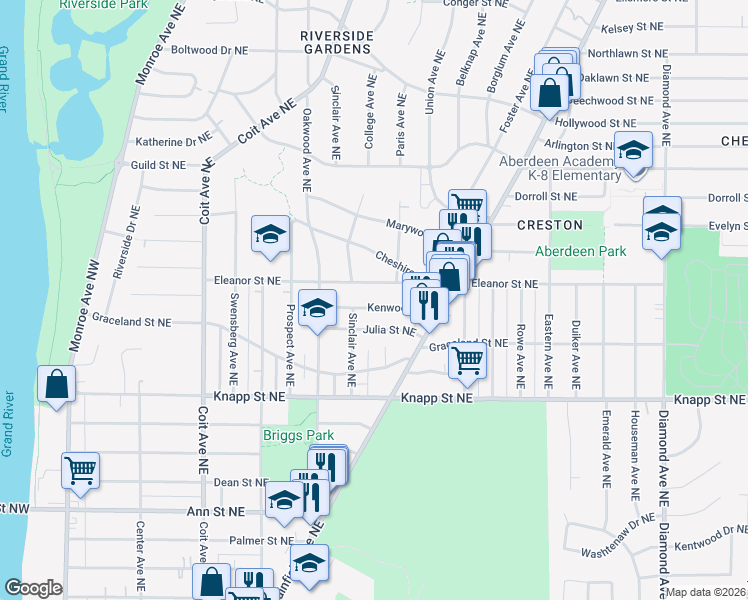 map of restaurants, bars, coffee shops, grocery stores, and more near 455 Kenwood Northeast in Grand Rapids