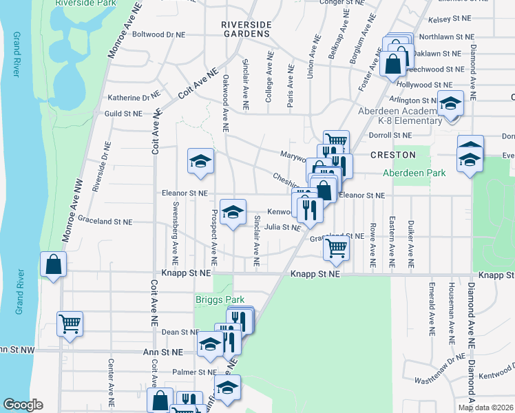map of restaurants, bars, coffee shops, grocery stores, and more near 455 Kenwood Northeast in Grand Rapids