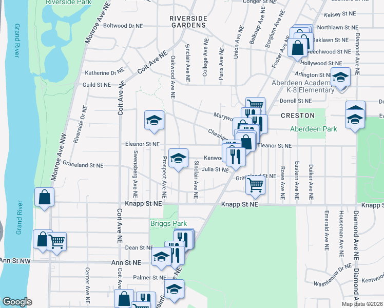 map of restaurants, bars, coffee shops, grocery stores, and more near 415 Kenwood Northeast in Grand Rapids