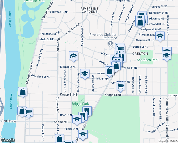 map of restaurants, bars, coffee shops, grocery stores, and more near 415 Kenwood Northeast in Grand Rapids