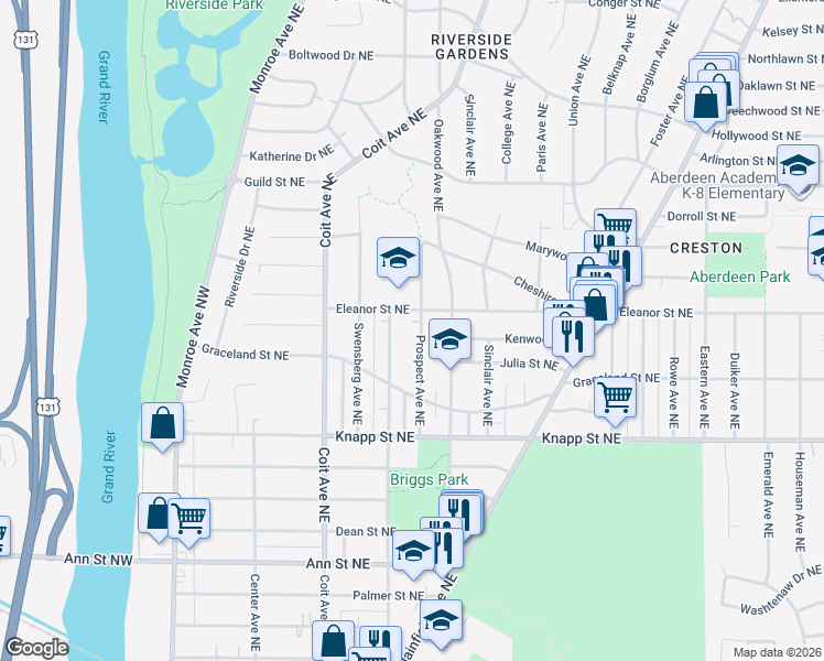 map of restaurants, bars, coffee shops, grocery stores, and more near 2120 Prospect Avenue Northeast in Grand Rapids