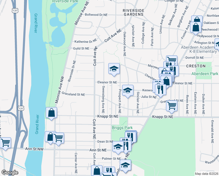 map of restaurants, bars, coffee shops, grocery stores, and more near 2122 Lafayette Avenue Northeast in Grand Rapids