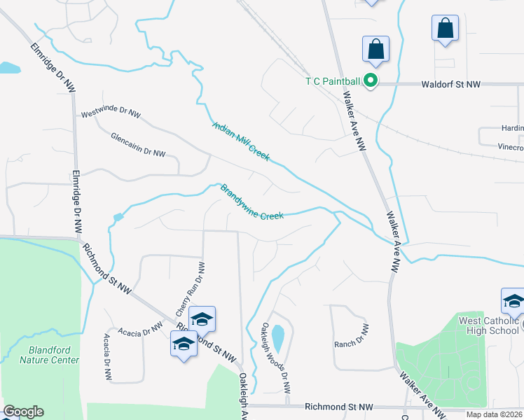 map of restaurants, bars, coffee shops, grocery stores, and more near 2530 Keyton Court Northwest in Grand Rapids
