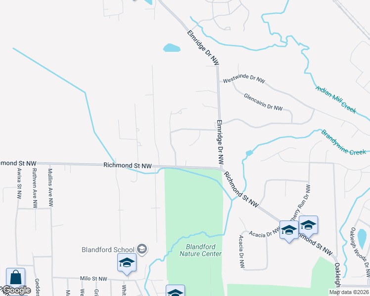 map of restaurants, bars, coffee shops, grocery stores, and more near 2028 Meadowdale Drive Northwest in Grand Rapids