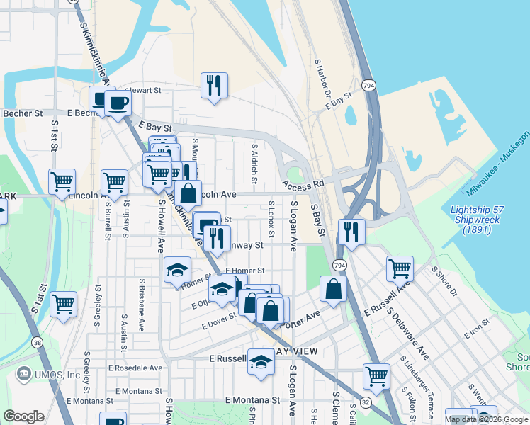 map of restaurants, bars, coffee shops, grocery stores, and more near 832 East Linus Street in Milwaukee