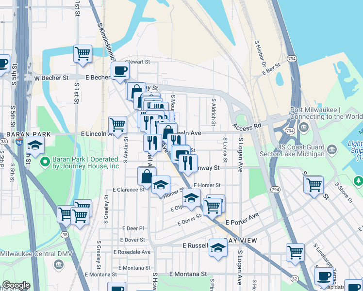 map of restaurants, bars, coffee shops, grocery stores, and more near 602 East Linus Street in Milwaukee