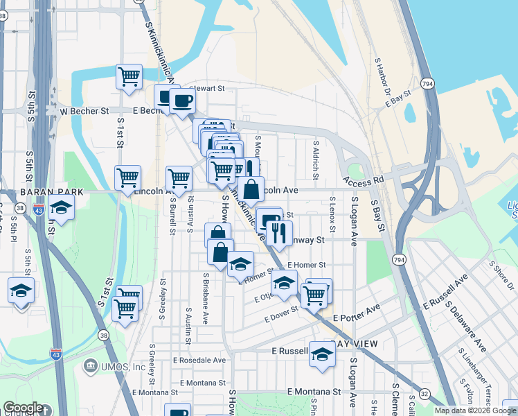 map of restaurants, bars, coffee shops, grocery stores, and more near 2358 South Kinnickinnic Avenue in Milwaukee