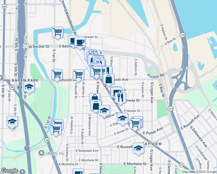 map of restaurants, bars, coffee shops, grocery stores, and more near 2358 South Kinnickinnic Avenue in Milwaukee
