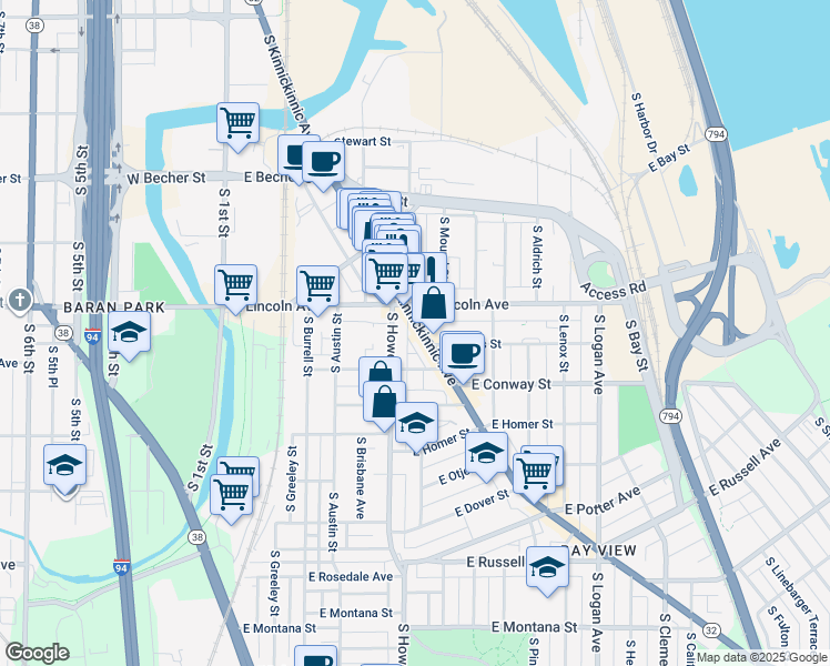 map of restaurants, bars, coffee shops, grocery stores, and more near 2342 South Howell Avenue in Milwaukee