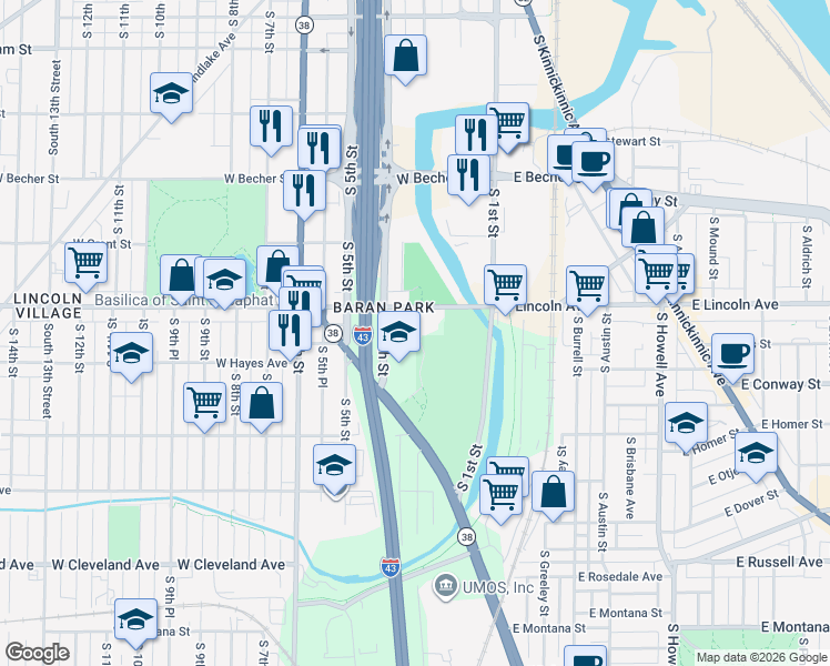 map of restaurants, bars, coffee shops, grocery stores, and more near 316 West Hayes Avenue in Milwaukee