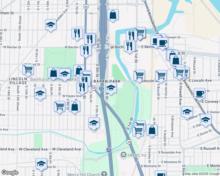 map of restaurants, bars, coffee shops, grocery stores, and more near 316 West Hayes Avenue in Milwaukee