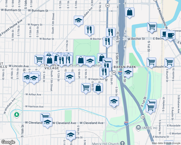 map of restaurants, bars, coffee shops, grocery stores, and more near 2340 South 8th Street in Milwaukee