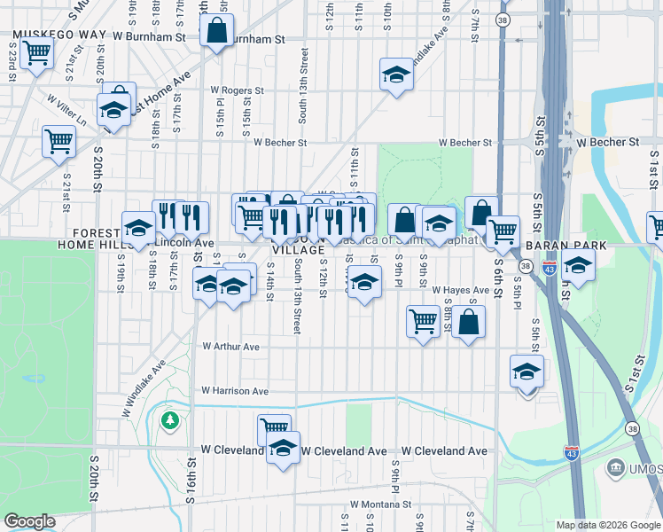 map of restaurants, bars, coffee shops, grocery stores, and more near 2336 South 12th Street in Milwaukee