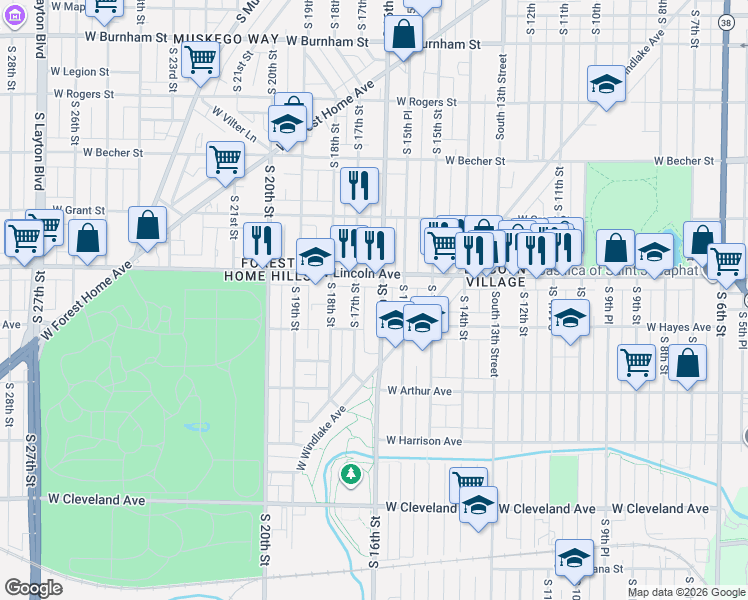 map of restaurants, bars, coffee shops, grocery stores, and more near 2338 South 16th Street in Milwaukee