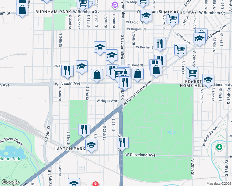 map of restaurants, bars, coffee shops, grocery stores, and more near 2355 South 28th Street in Milwaukee
