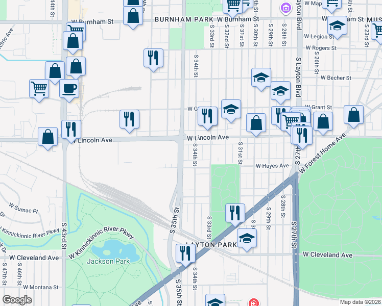 map of restaurants, bars, coffee shops, grocery stores, and more near 2347 South 34th Street in Milwaukee