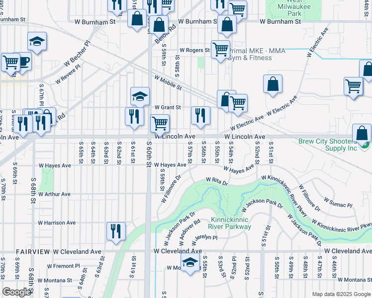 map of restaurants, bars, coffee shops, grocery stores, and more near 2341 South 57th Street in West Allis