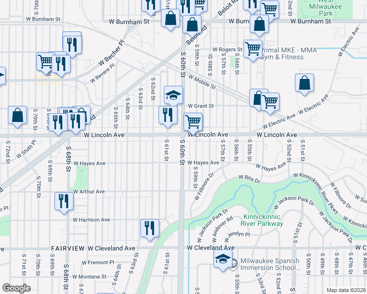 map of restaurants, bars, coffee shops, grocery stores, and more near 2338 South 60th Street in West Allis