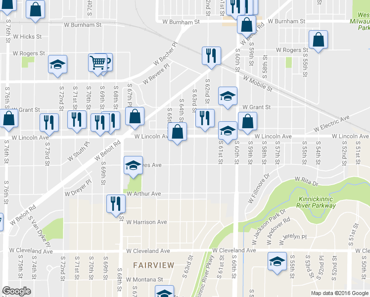 map of restaurants, bars, coffee shops, grocery stores, and more near 2339 South 63rd Street in West Allis
