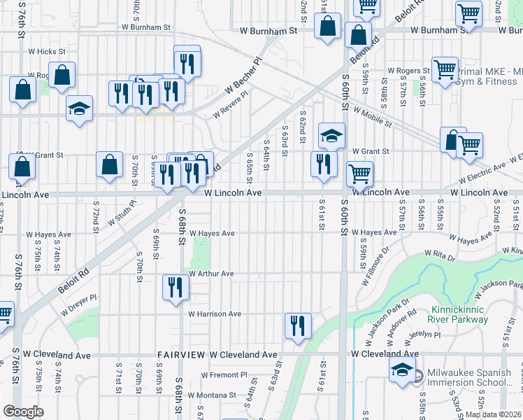 map of restaurants, bars, coffee shops, grocery stores, and more near 2342 South 65th Street in West Allis