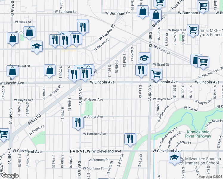 map of restaurants, bars, coffee shops, grocery stores, and more near 2342 South 65th Street in West Allis