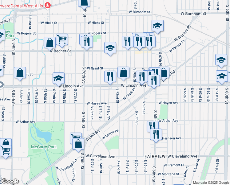 map of restaurants, bars, coffee shops, grocery stores, and more near 2336 South 73rd Street in West Allis