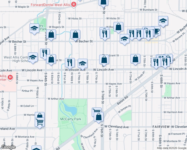 map of restaurants, bars, coffee shops, grocery stores, and more near 2340 South 78th Street in West Allis