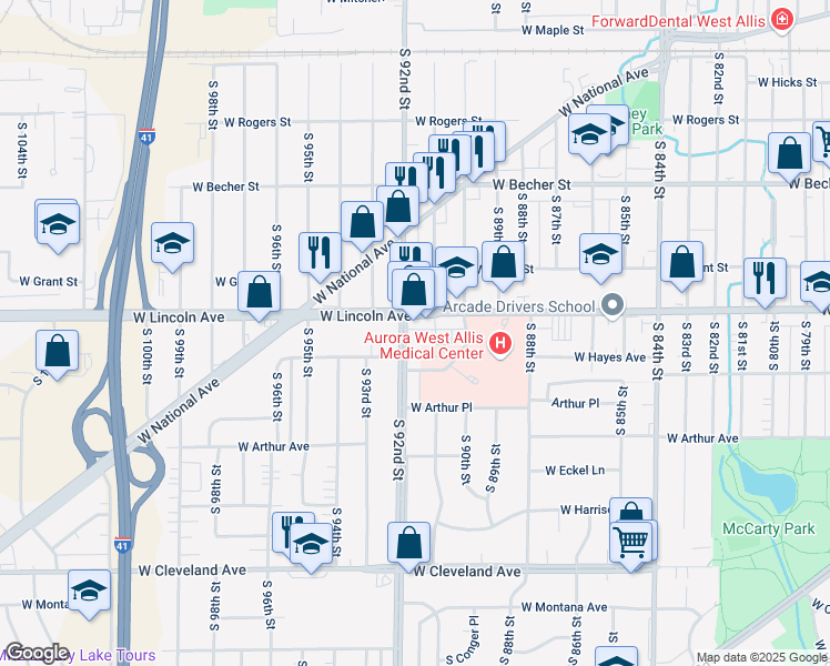 map of restaurants, bars, coffee shops, grocery stores, and more near 2323 South 91st Street in West Allis
