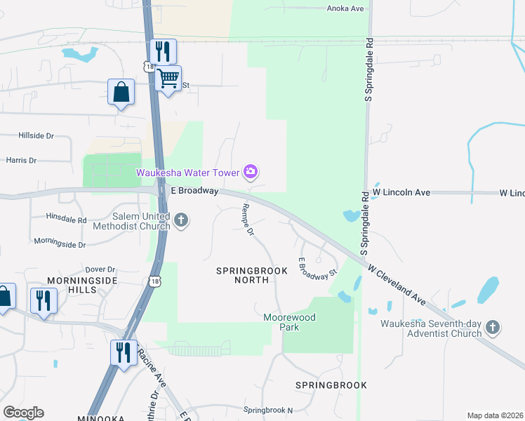 map of restaurants, bars, coffee shops, grocery stores, and more near 2016 Stonehaven Court in Waukesha