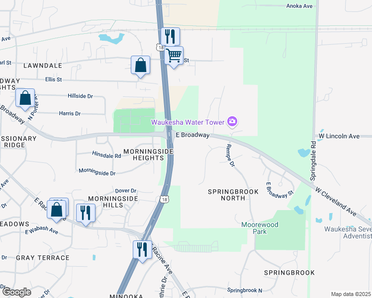 map of restaurants, bars, coffee shops, grocery stores, and more near in Waukesha