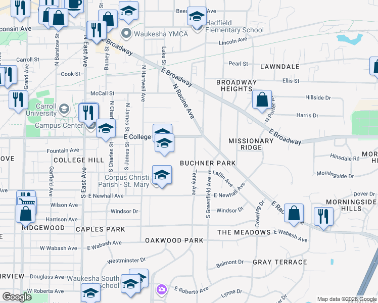 map of restaurants, bars, coffee shops, grocery stores, and more near 132 Tenny Avenue in Waukesha
