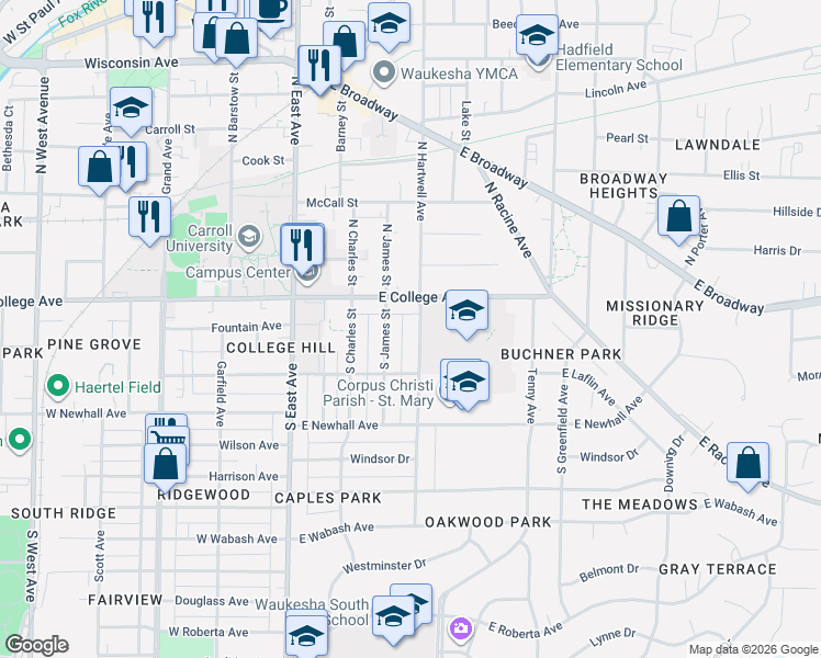 map of restaurants, bars, coffee shops, grocery stores, and more near 127 South James Street in Waukesha