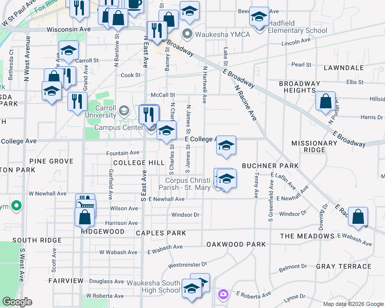 map of restaurants, bars, coffee shops, grocery stores, and more near 127 South James Street in Waukesha