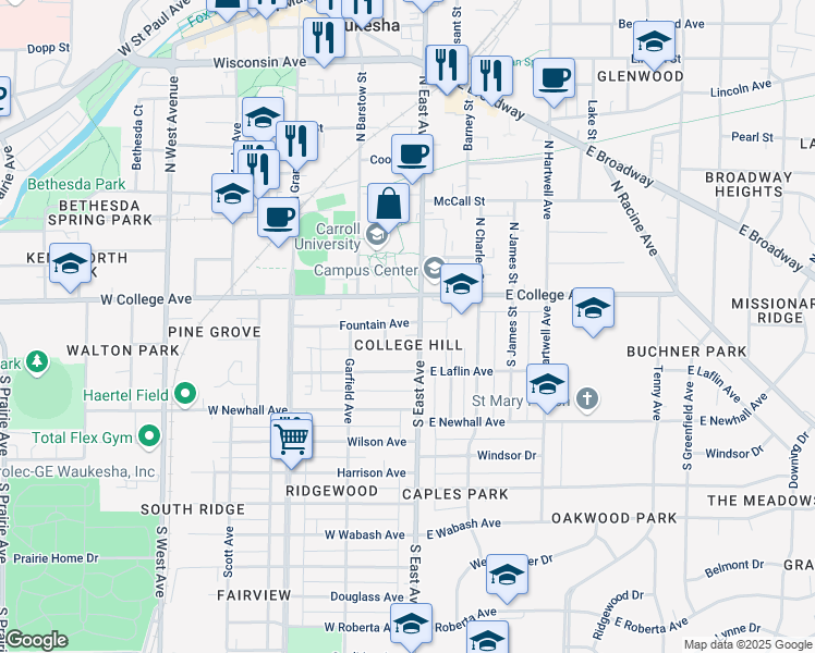 map of restaurants, bars, coffee shops, grocery stores, and more near 128 South East Avenue in Waukesha