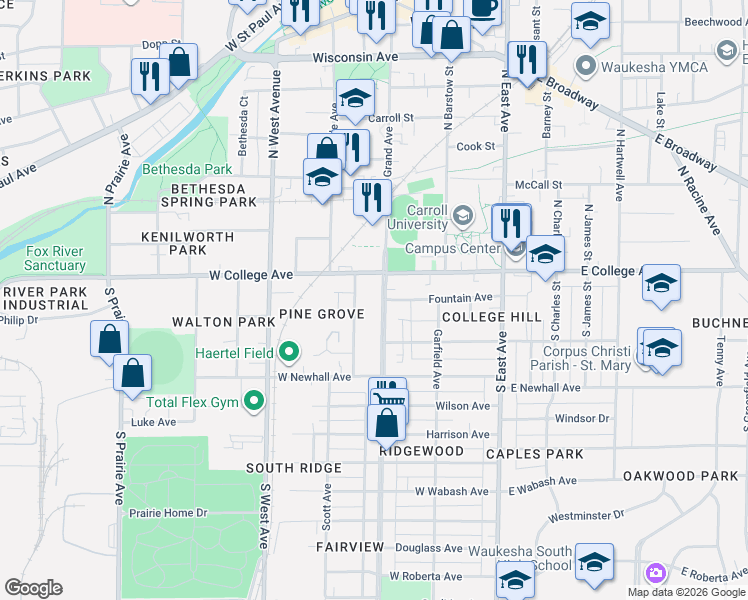 map of restaurants, bars, coffee shops, grocery stores, and more near 129 Hinman Avenue in Waukesha