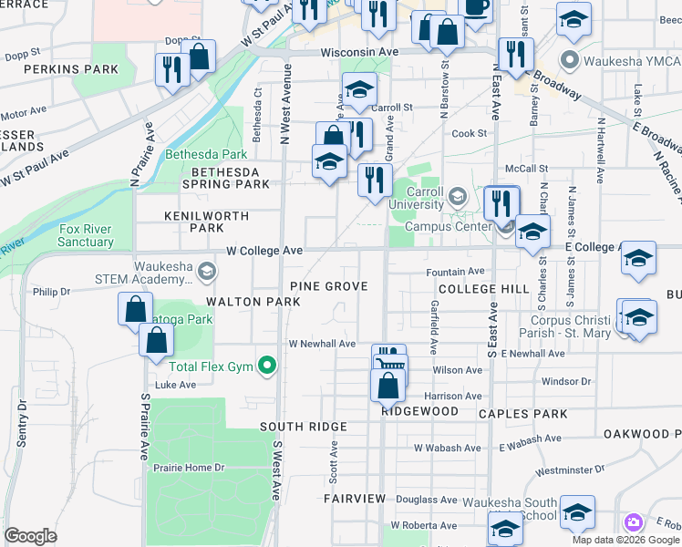 map of restaurants, bars, coffee shops, grocery stores, and more near 406 Harvey Avenue in Waukesha