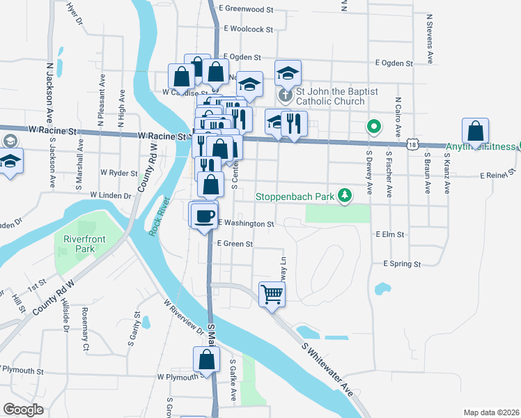 map of restaurants, bars, coffee shops, grocery stores, and more near 404 South Whitewater Avenue in Jefferson