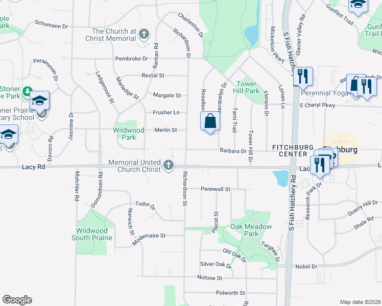 map of restaurants, bars, coffee shops, grocery stores, and more near 5667 Barbara Drive in Fitchburg