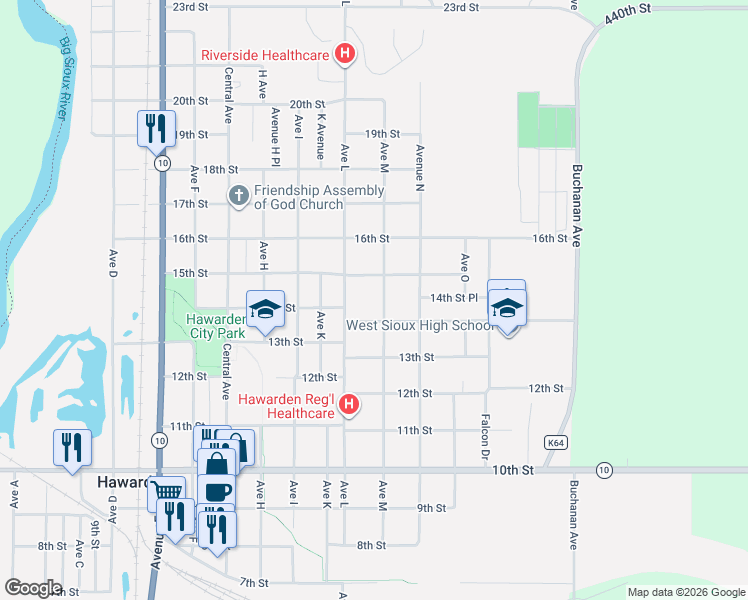 map of restaurants, bars, coffee shops, grocery stores, and more near 1401-1437 Ave M in Hawarden