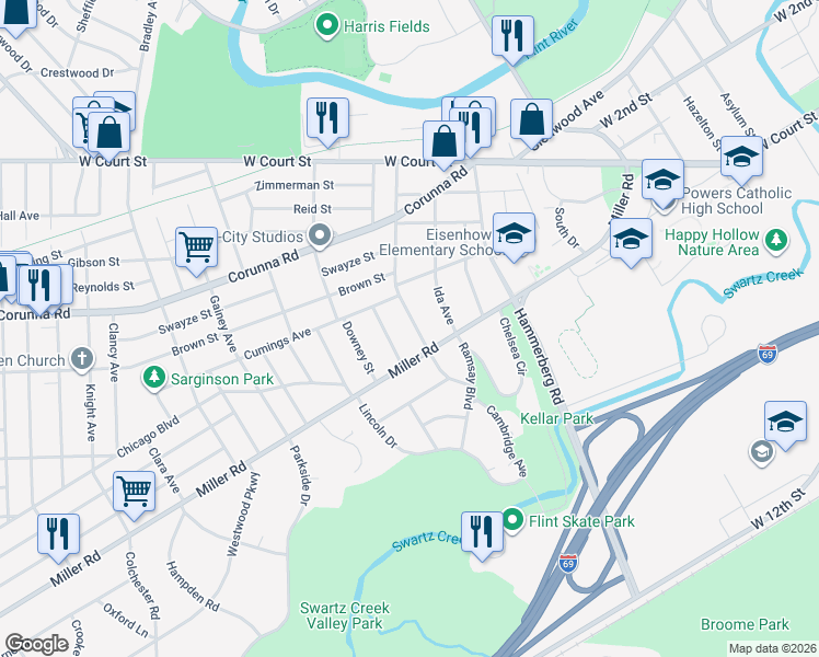 map of restaurants, bars, coffee shops, grocery stores, and more near 1500 Durand Street in Flint