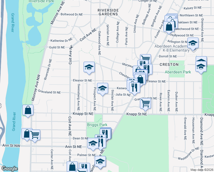 map of restaurants, bars, coffee shops, grocery stores, and more near 415 Kenwood NE in Grand Rapids