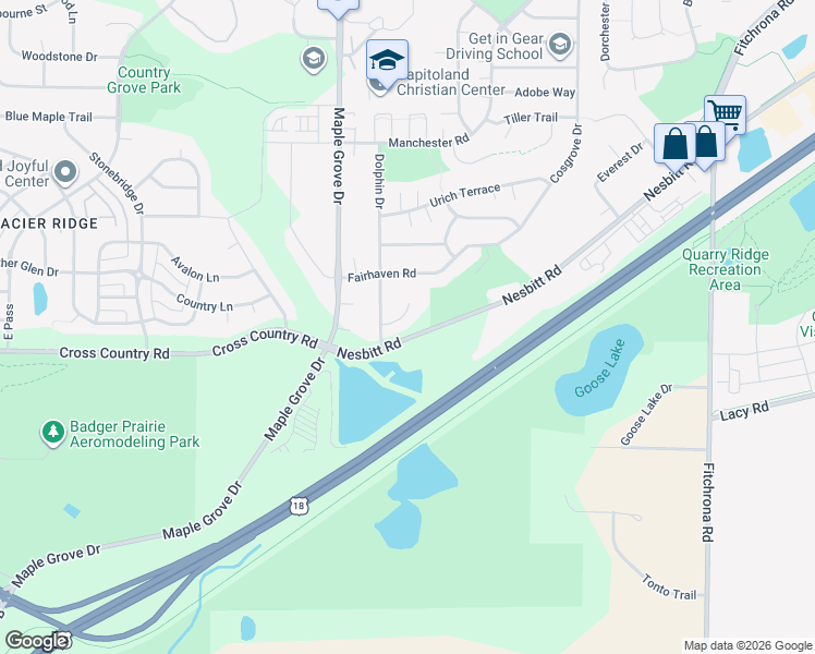 map of restaurants, bars, coffee shops, grocery stores, and more near 13 Woodcroft Circle in Madison