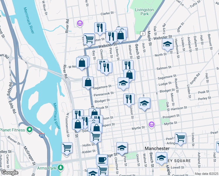 map of restaurants, bars, coffee shops, grocery stores, and more near 49 Sagamore Street in Manchester