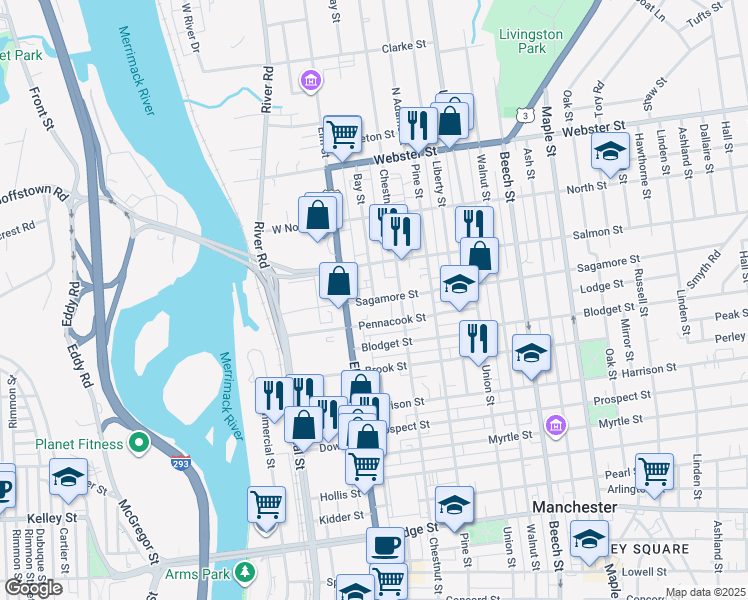 map of restaurants, bars, coffee shops, grocery stores, and more near 2 Bay Street in Manchester