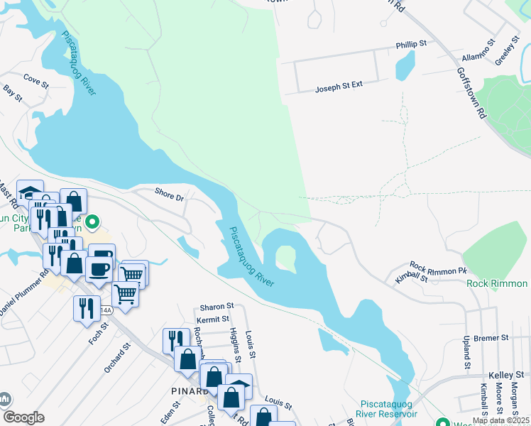 map of restaurants, bars, coffee shops, grocery stores, and more near 23 Riverview Park Road in Goffstown
