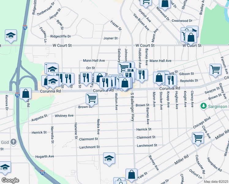 map of restaurants, bars, coffee shops, grocery stores, and more near 3801 Corunna Road in Flint