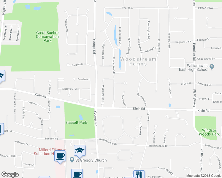 map of restaurants, bars, coffee shops, grocery stores, and more near 42 Chapel Woods in Buffalo