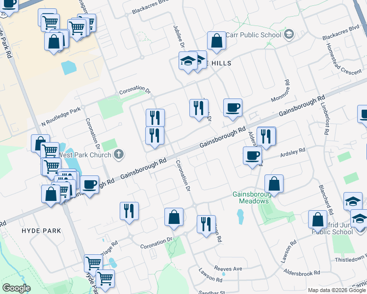 map of restaurants, bars, coffee shops, grocery stores, and more near 70 Tanoak Drive in London